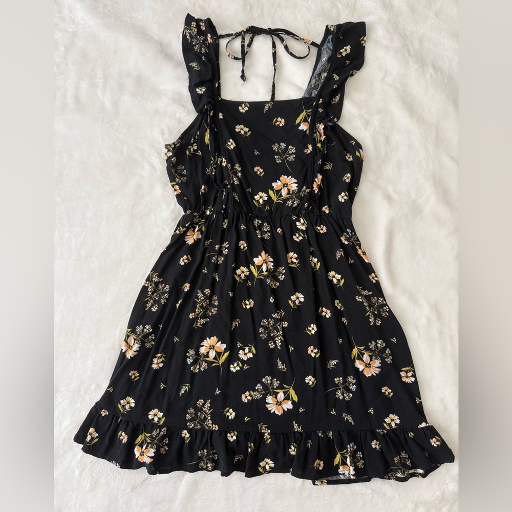 wild fable Black Floral Ruffle Tie-Back Mini Dress